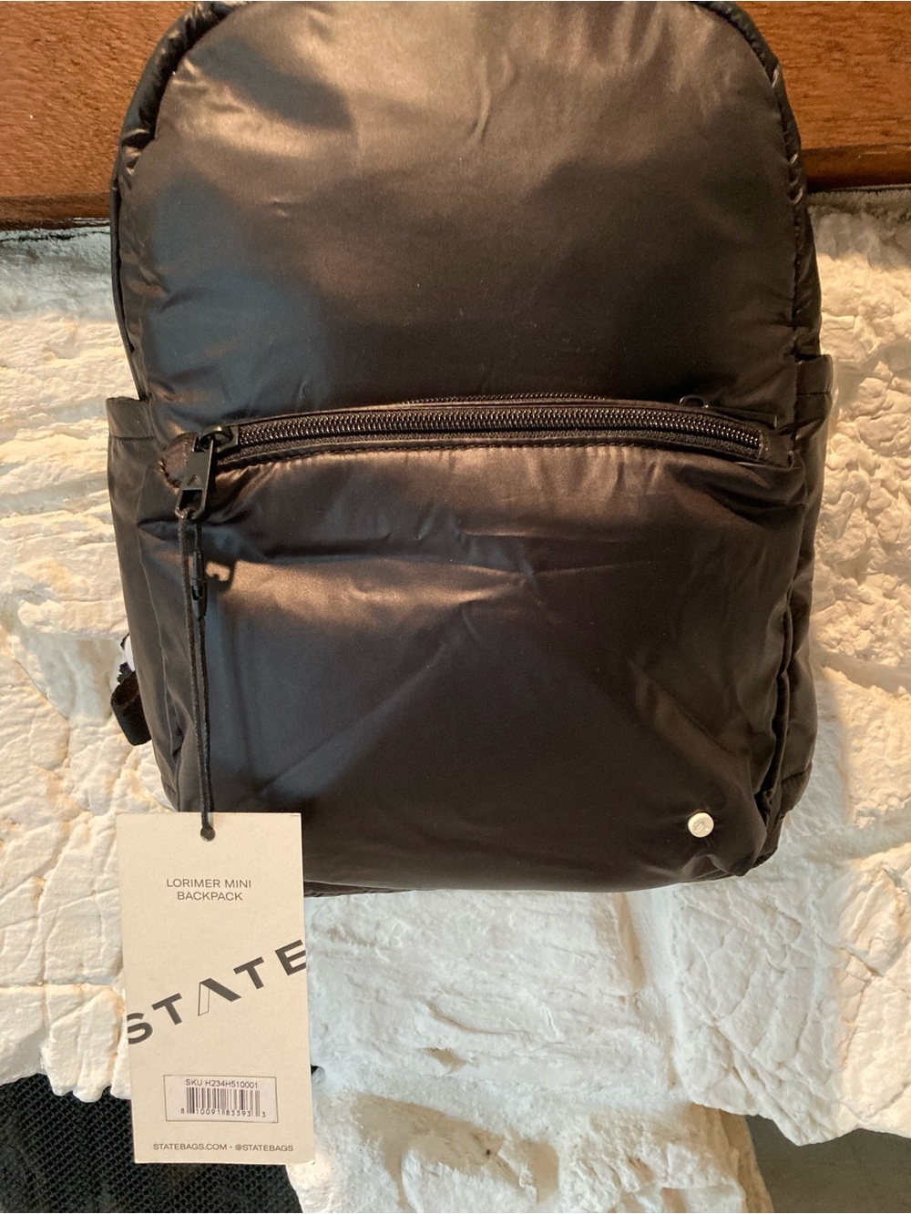 NWT State bags Lorimer mini backpack in glossy black nylon finish.